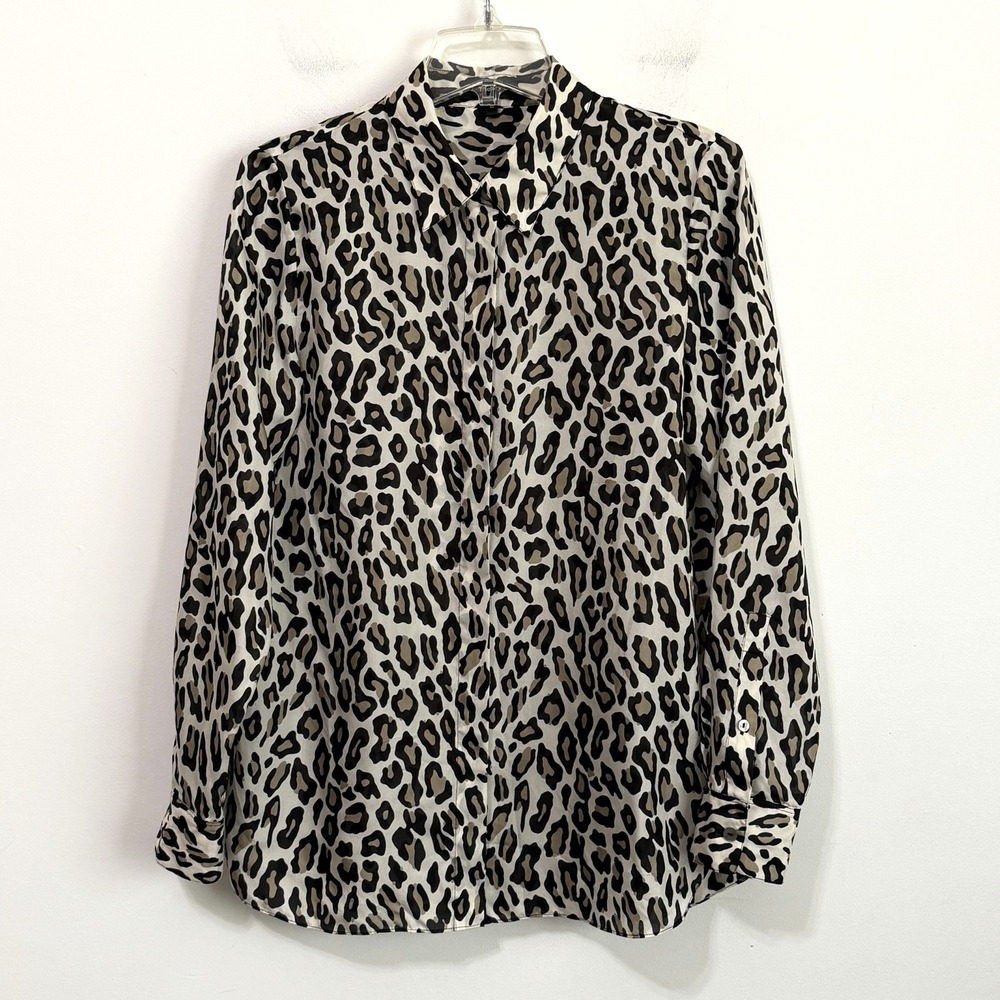 Theory Silk Blouse M Leopard Hidden Button Long Sleeve Top Career Party Cocktail